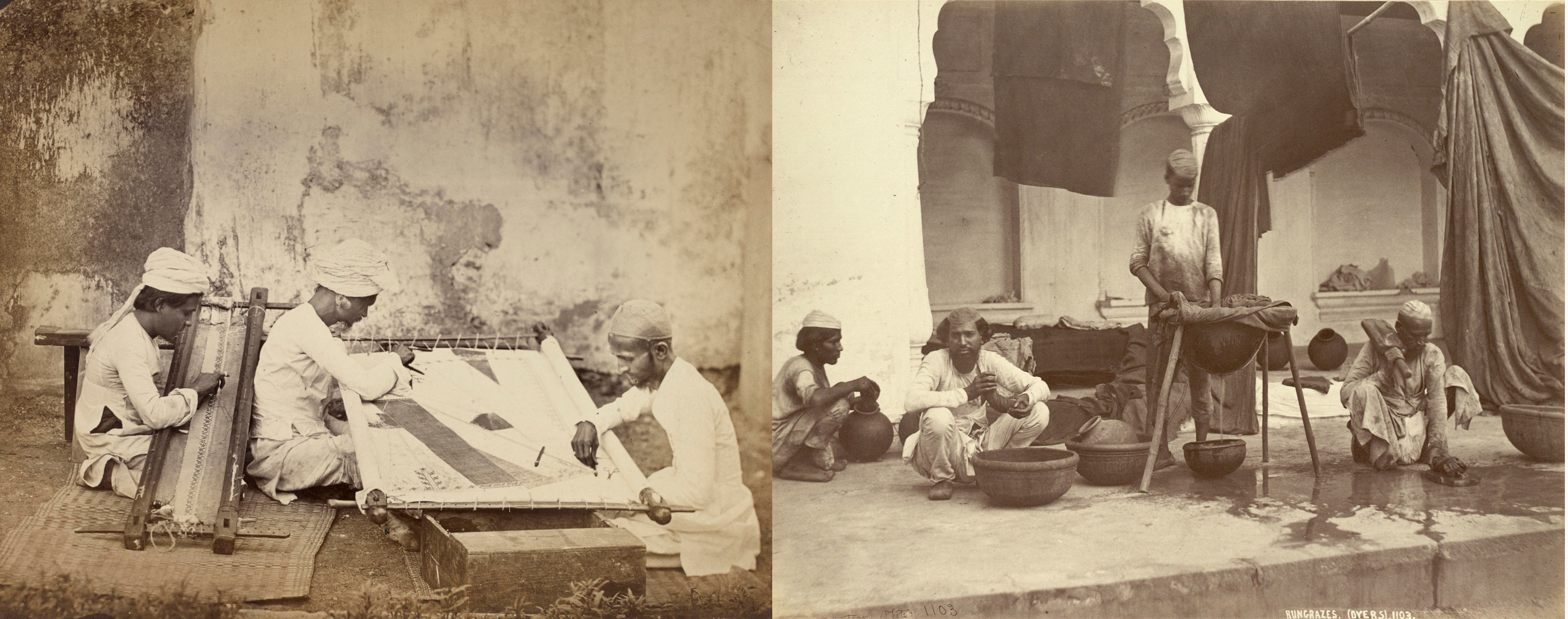 ভারতের কারিগরি বোঝাপড়া। ১৮৬০-এর আশেপাশের ছবি। বাঁদিকে সোনার সূচীশিল্পের কারিগর, ডানদিকে রঙ্গরেজ-রা (ডায়ার)। ছবিসূত্র - ব্রিটিশ লাইব্রেরি।